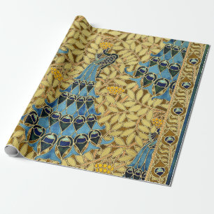 Papier Cadeau Motif floral au paon bleu Art nouveau vintage