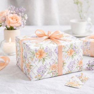 Papier Cadeau Motif floral aux roses pêche et lavande dans le st