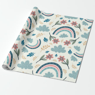 Papier Cadeau Motif floral avec formes d'arc-en-ciel et de nuage