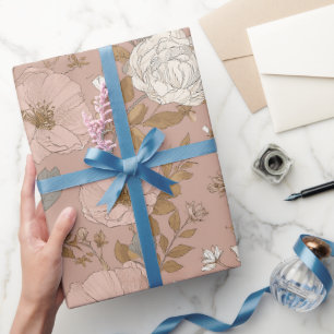 Papier Cadeau Motif floral beige fleur rose poussiéreuse Boho