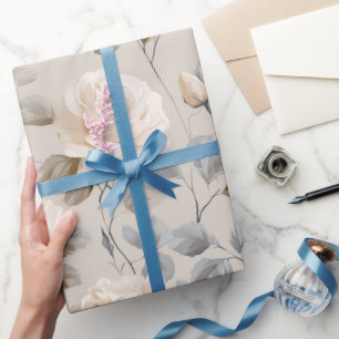 Papier Cadeau Motif floral beige rose blanche douce