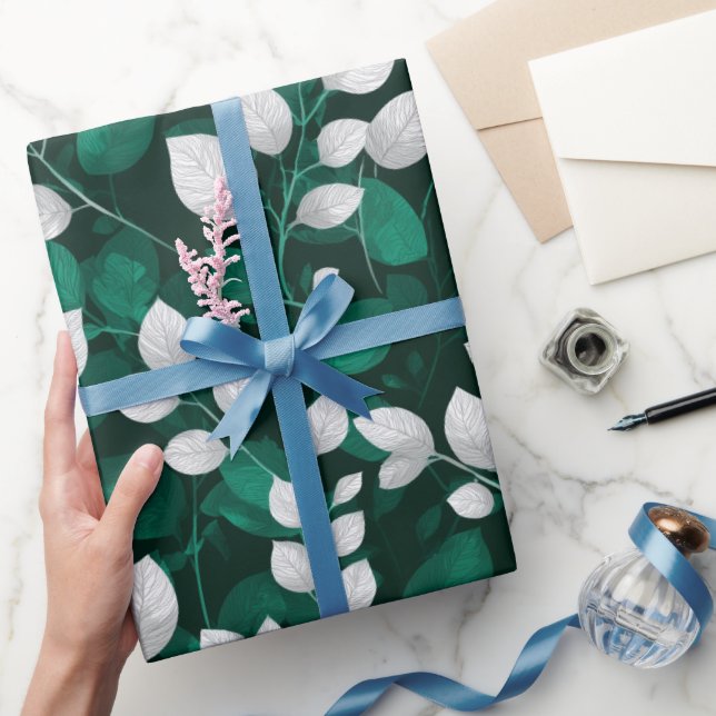 Papier Cadeau Motif floral blanc à feuille émeraude élégant (Cadeaux)