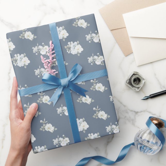Papier Cadeau Motif floral blanc chic bleu foncé (Cadeaux)