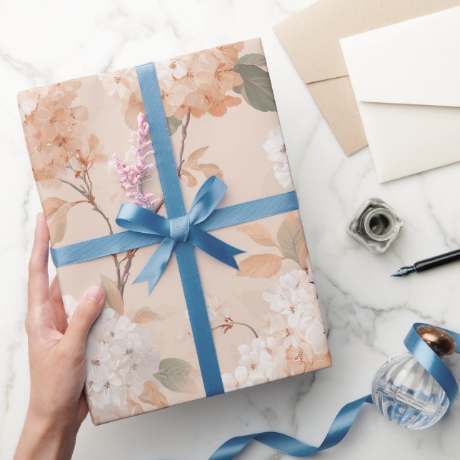 Papier Cadeau Motif floral blanc de fleur de pêche douce romanti (Cadeaux)