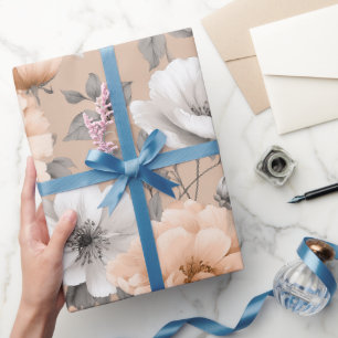 Papier Cadeau Motif floral blanc de fleur de pêche douce romanti