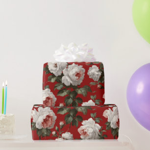 Papier Cadeau Motif floral blanc de rose rouge classique