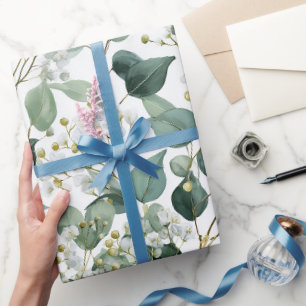 Papier Cadeau Motif floral blanc eucalyptus vert botanique