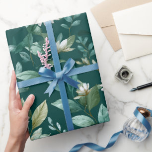 Papier Cadeau Motif floral blanc feuille verte aquarelle