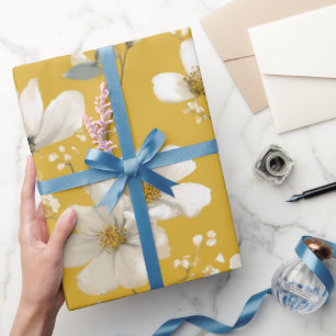 Papier Cadeau Motif floral blanc fleur jaune doux moderne