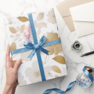 Papier Cadeau Motif floral blanc or doux élégant