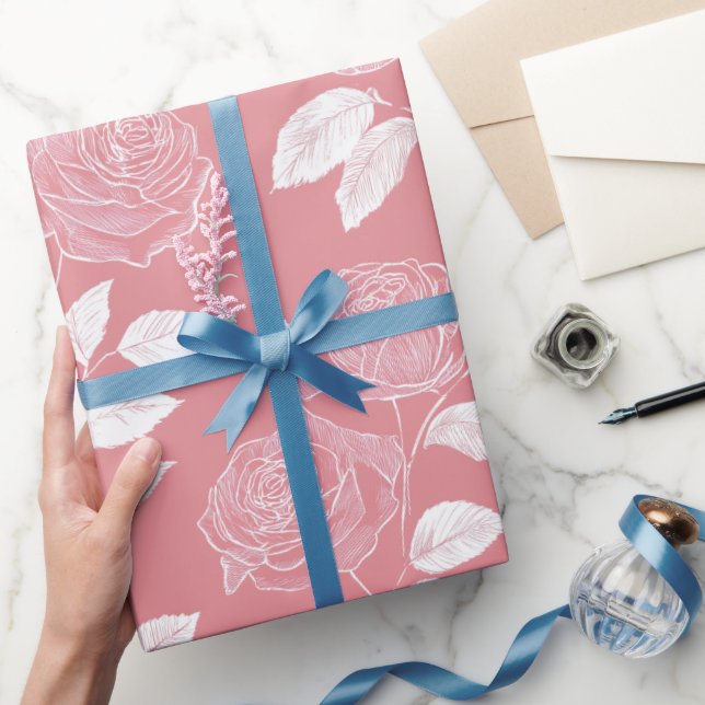 Papier Cadeau Motif floral blanc rose rose dessiné à la main (Cadeaux)
