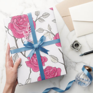 Papier Cadeau Motif floral blanc rose rose dessiné à la main