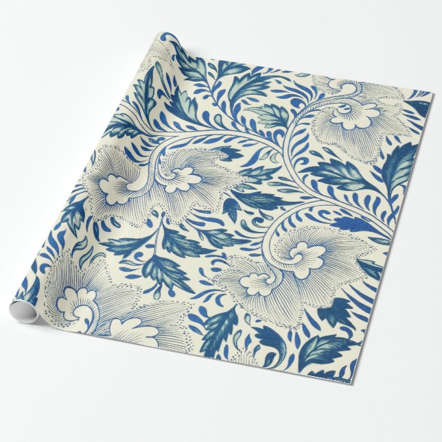 Papier Cadeau Motif Floral bleu Antique Design asiatique (Déroulé)