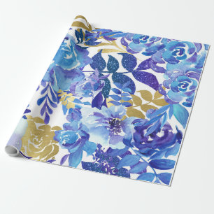 Papier Cadeau Motif floral bleu, Aquarelle artistique