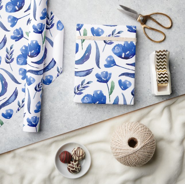 Papier Cadeau Motif floral bleu aquarelle. Botanique de la Marin (Artisanat)