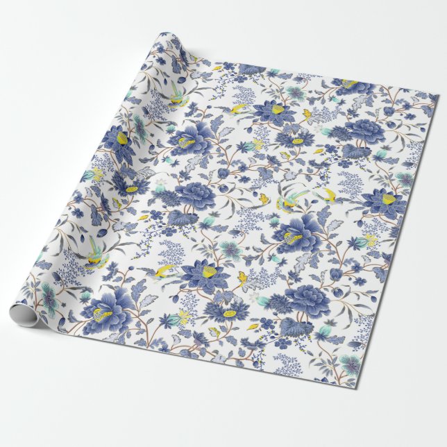 Papier Cadeau motif floral bleu poussiéreux (Déroulé)