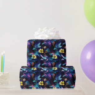 Papier Cadeau Motif floral botanique néon de minuit
