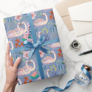 Papier Cadeau Motif floral botanique oiseaux cygnes bleu