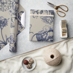Papier Cadeau Motif floral botanique toile bleue vintage antique
