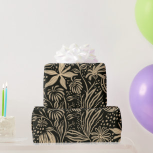 Papier Cadeau Motif floral brillant en or sur noir 