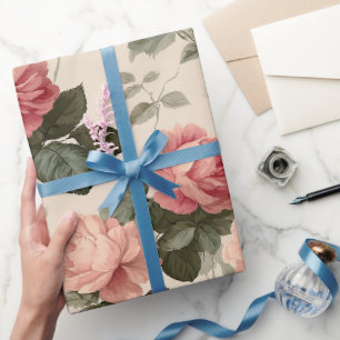 Papier Cadeau Motif floral classique de rose crème rose
