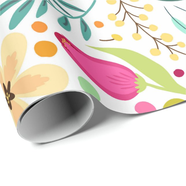Papier Cadeau Motif floral coloré avec rose, jaune (Coin rond)