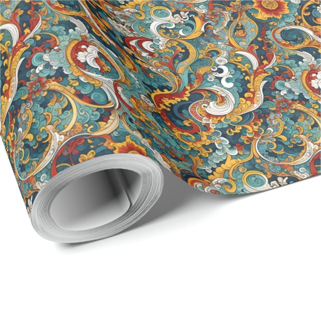 Papier Cadeau motif floral complexe d'inspiration orientale (Coin rond)