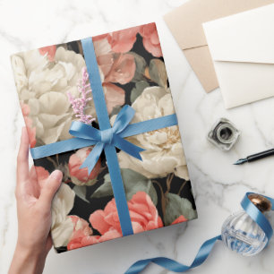 Papier Cadeau Motif floral crème de pivoine corail à l'aquarelle