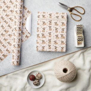 Papier Cadeau Motif floral de chiots mignons avec des cœurs
