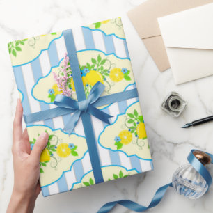 Papier Cadeau Motif floral de citrons bleus et jaunes ensoleillé