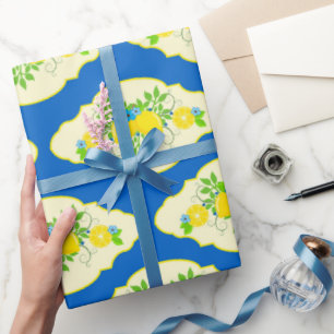 Papier Cadeau Motif floral de citrons bleus et jaunes ensoleillé