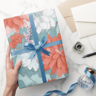 Papier Cadeau Motif floral de fleur de corail dessinée à la main