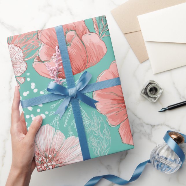 Papier Cadeau Motif floral de fleur de corail dessinée à la main (Cadeaux)