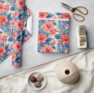 Papier Cadeau Motif floral de fleurs d'hibiscus d'été tropical