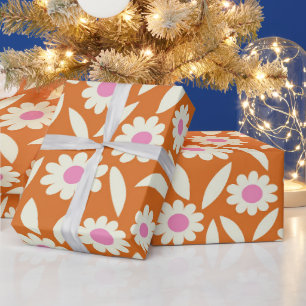 Papier Cadeau Motif floral de marguerites rétro groovy sur orang