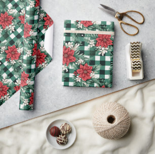 Papier Cadeau Motif floral de Noël au gingham vert blanc poinset
