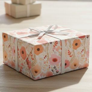Papier Cadeau Motif floral de pêche chaude et de pavot corail