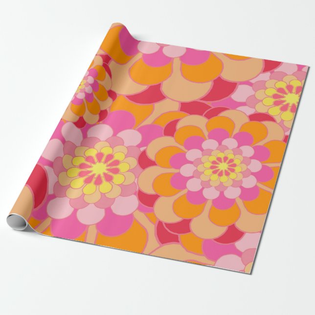 Papier Cadeau Motif floral de rétros tons jaunes roses (Déroulé)