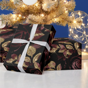 Papier Cadeau Motif floral de rose rouge burgundy élégant et or