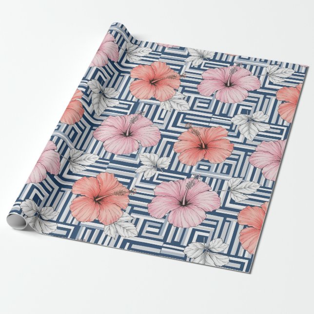 Papier Cadeau Motif floral d'hibiscus bleu élégant (6) (Déroulé)