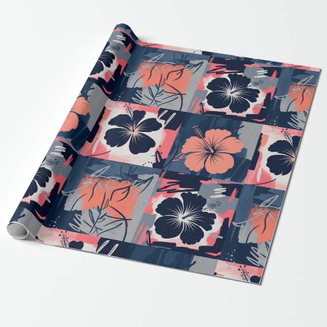 Papier Cadeau Motif floral d'hibiscus bleu élégant (7) (Déroulé)