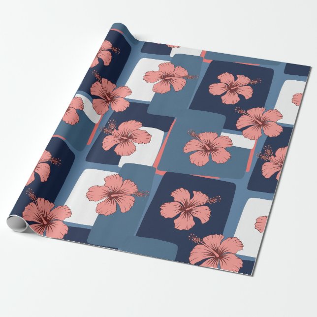 Papier Cadeau Motif floral d'hibiscus bleu élégant (8) (Déroulé)