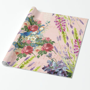 Papier Cadeau Motif floral d'oiseaux bleus roses chics vintages