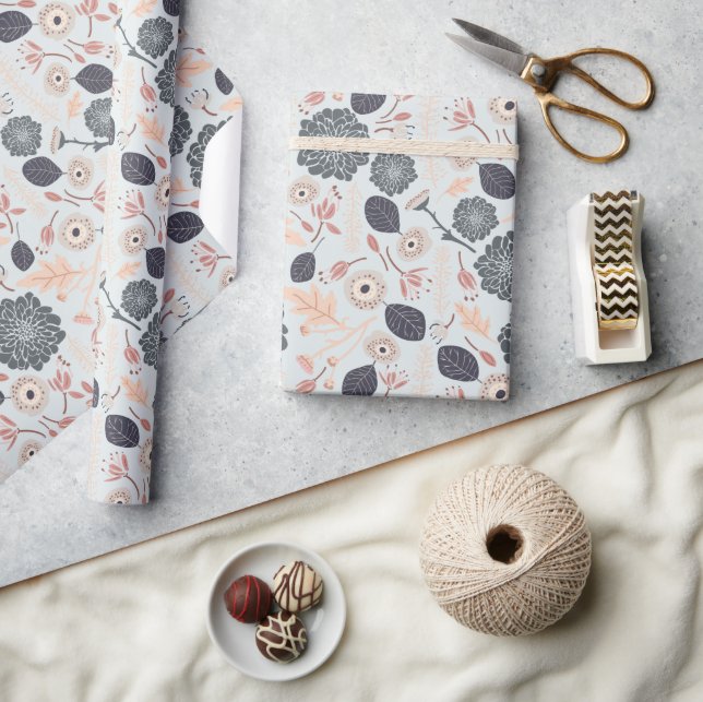 Papier Cadeau Motif floral élégant gris bleu pêche (Artisanat)