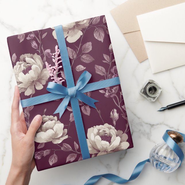 Papier Cadeau Motif floral élégant prune rose ivoire (Cadeaux)
