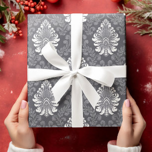 Papier Cadeau Motif floral en damas argenté sans couture gris fl