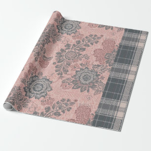 Papier Cadeau Motif floral et carreaux mélangés vintage