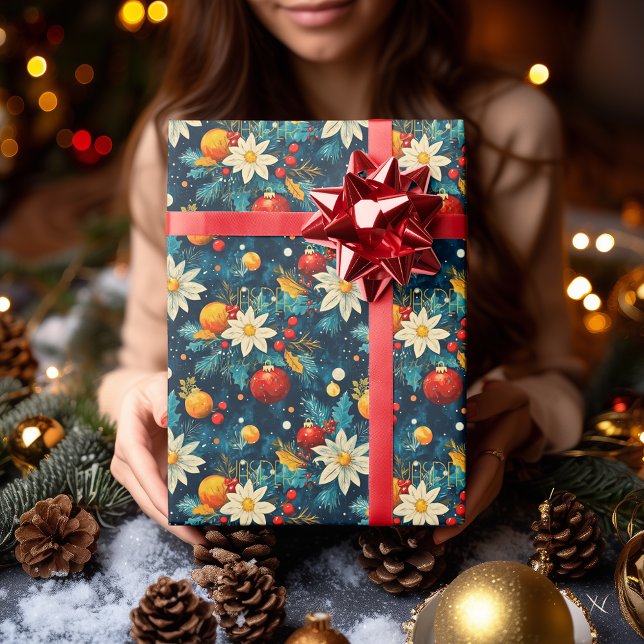 Papier Cadeau Motif floral et ornemental bleu élégant de Noël (Créateur téléchargé)