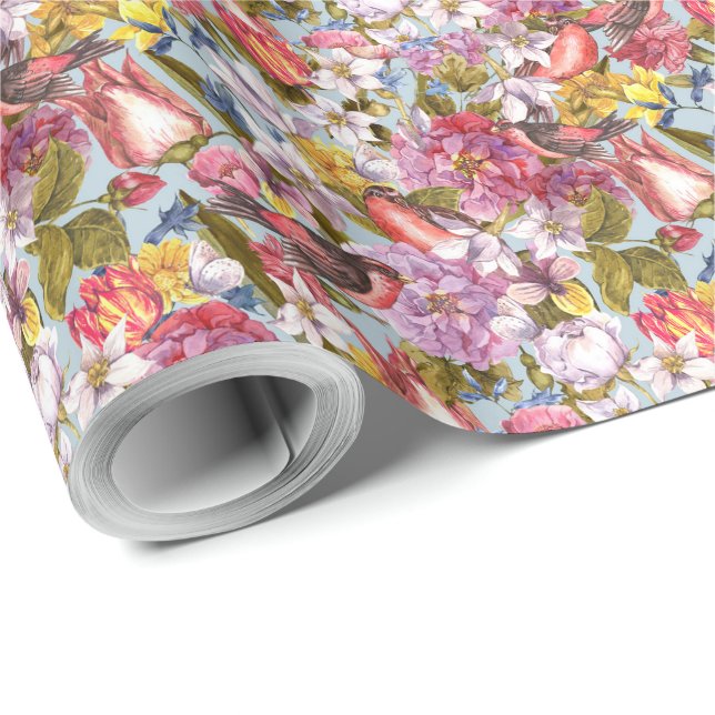 Papier Cadeau Motif floral Foliage Oiseaux Papillons Peony (Coin rond)