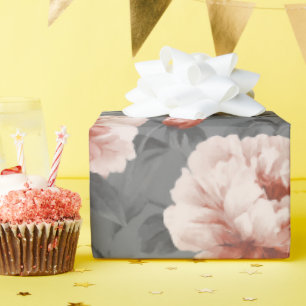 Papier Cadeau Motif floral gris rose poudrée romantique de pivoi